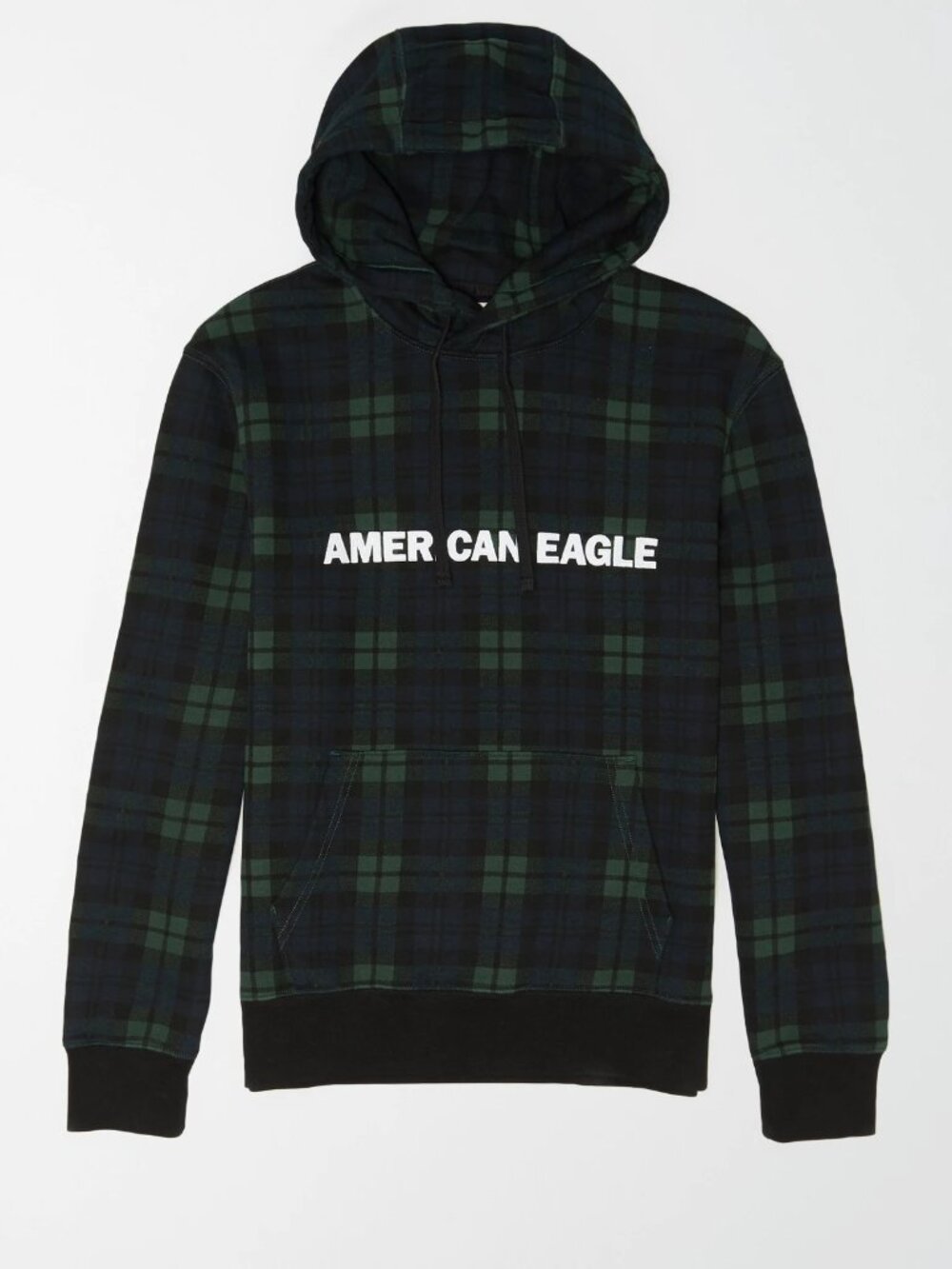AMERICAN EAGLE Outfitters Plaid Graphic Fleece Hoodie Green Black Large